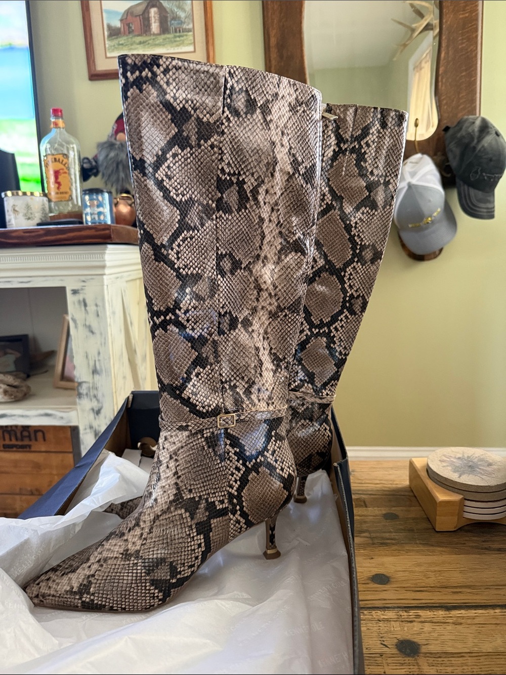 Kenneth Cole Taupe Snake-Print Pointed Toe Boots